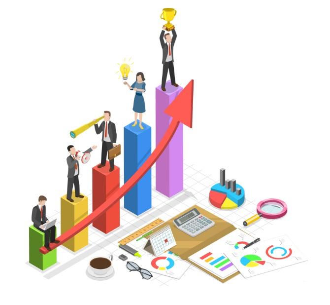 A group of people standing on top of a bar graph

Description automatically generated